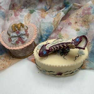 Two Cream and Mauve Trinket Boxes with jewelry